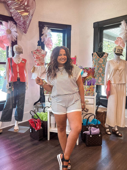 White Stripe Contrast Edge Tee and Shorts Set