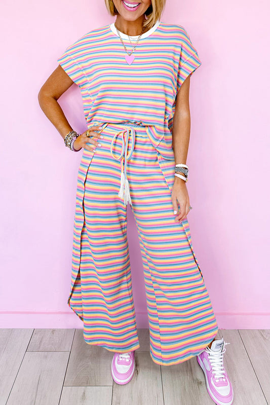 Pink Stripe Tasseled String Wide Leg Pants Set