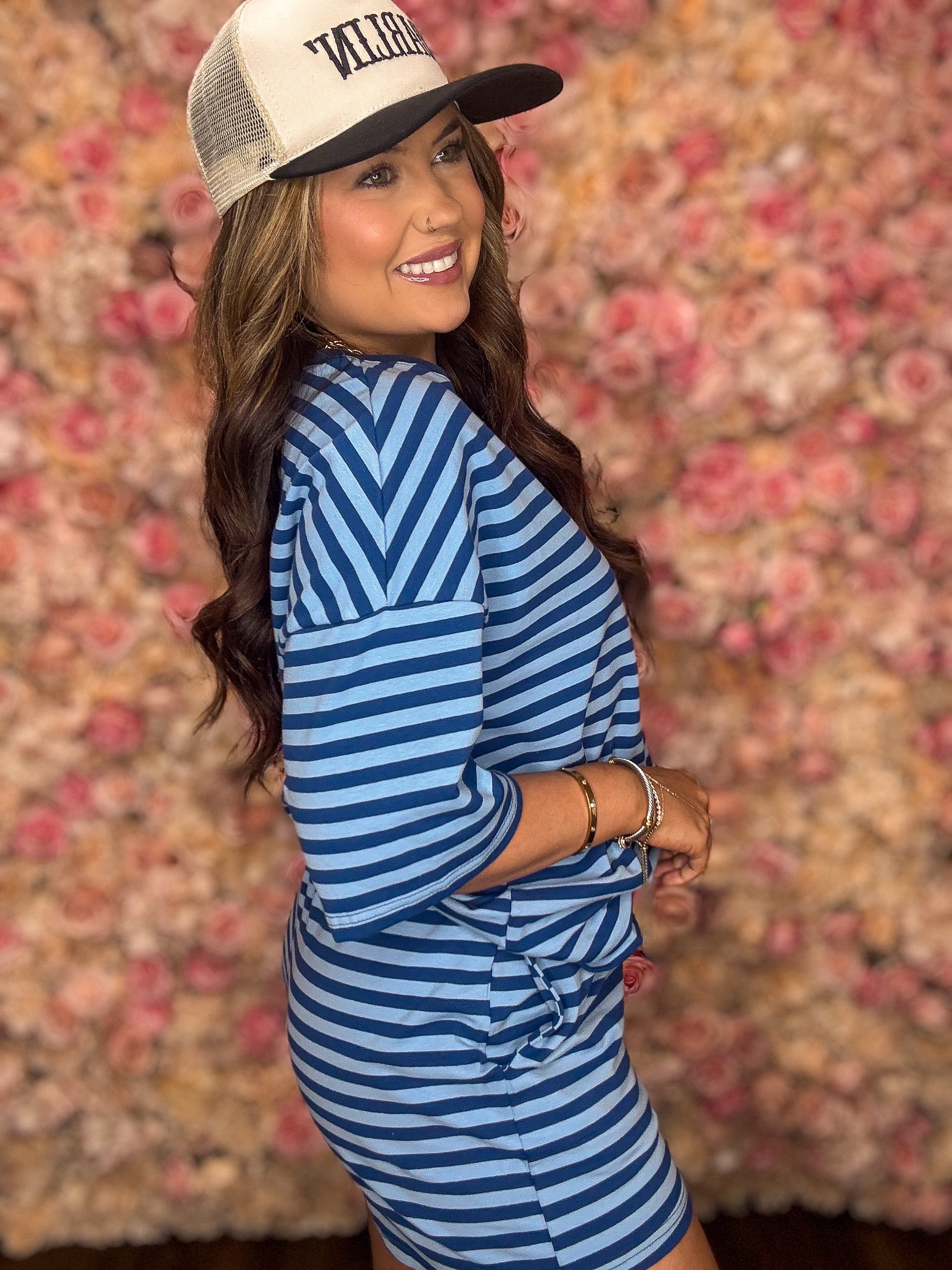 Two Tone Blue Striped Top and Short Set