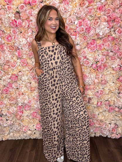 Leopard Wide Leg Pleated Overalls