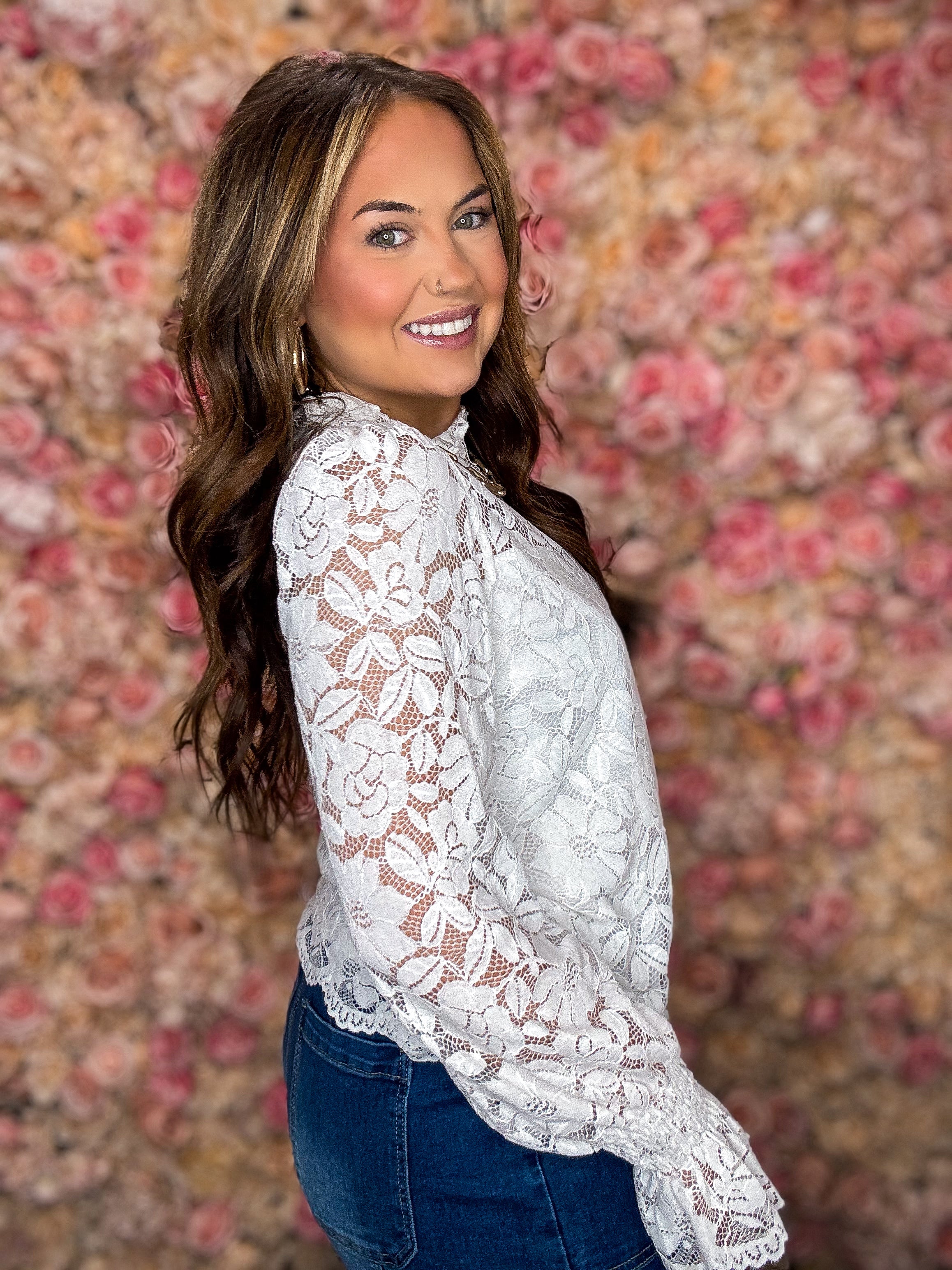 White Ruffled Sheer Lace Blouse