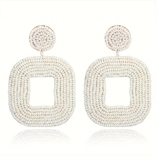 White Beaded Square Earrings