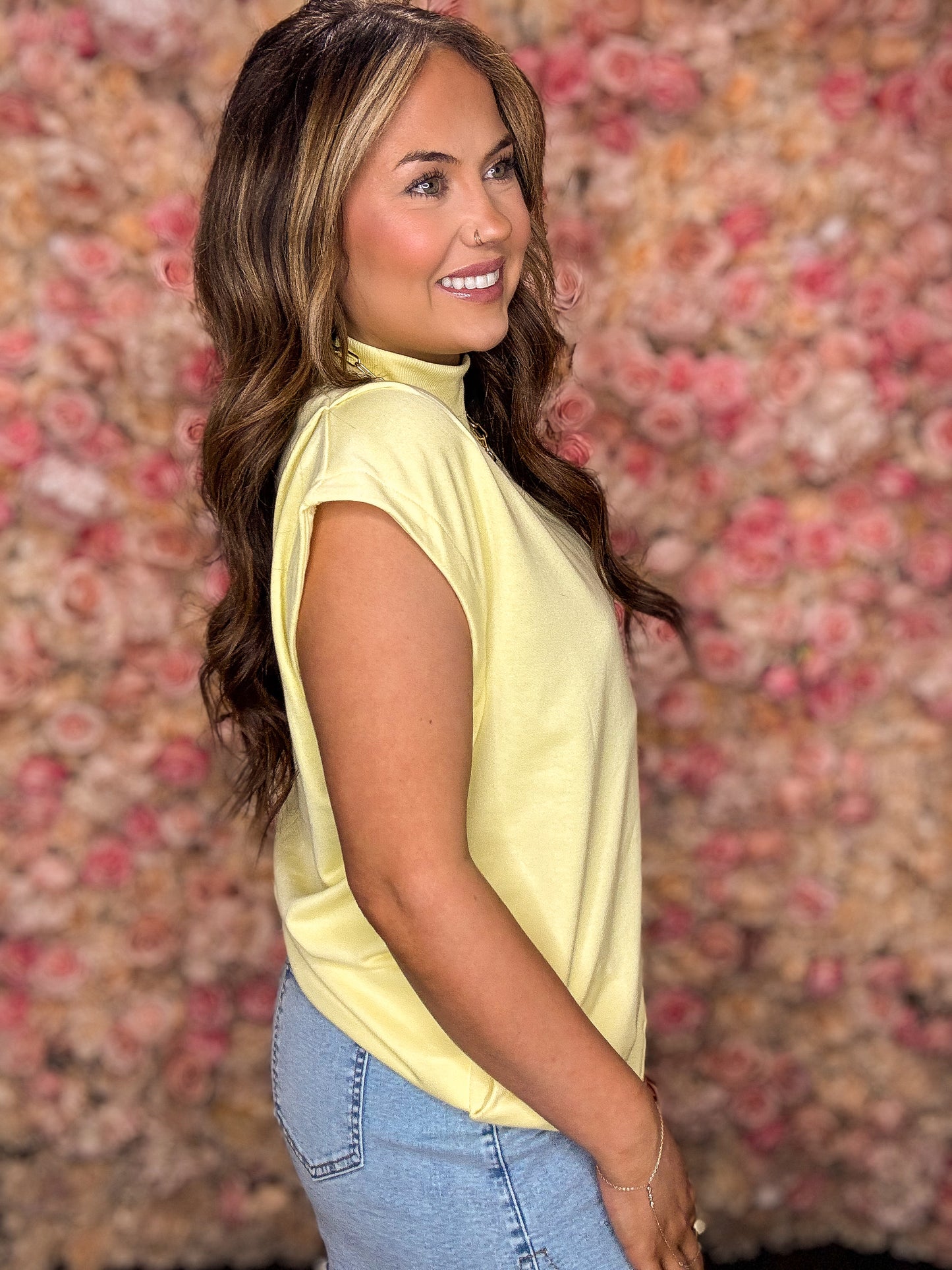 Yellow Mock Neck Cap Sleeve Top