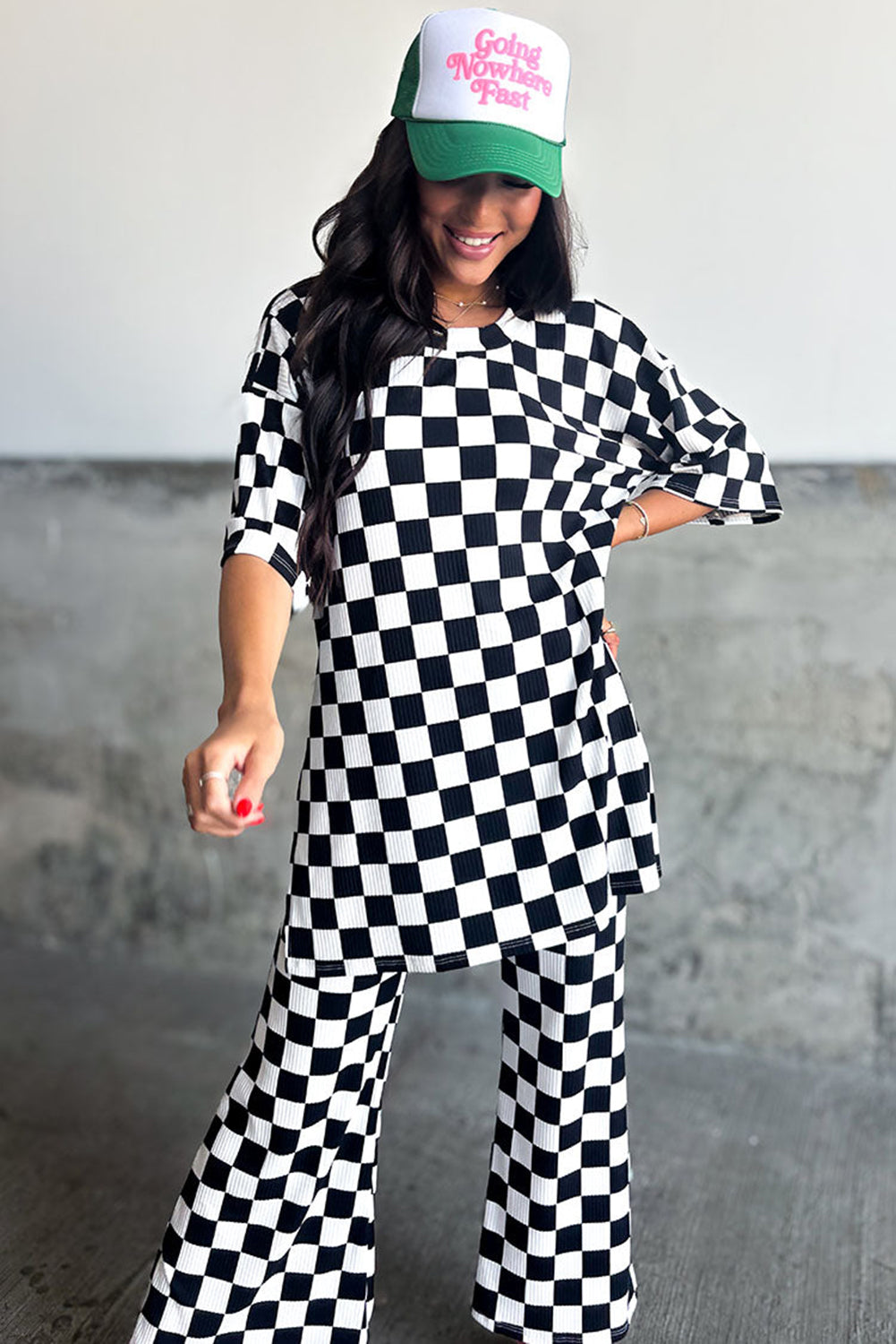 Black Checkered Print Pants Set