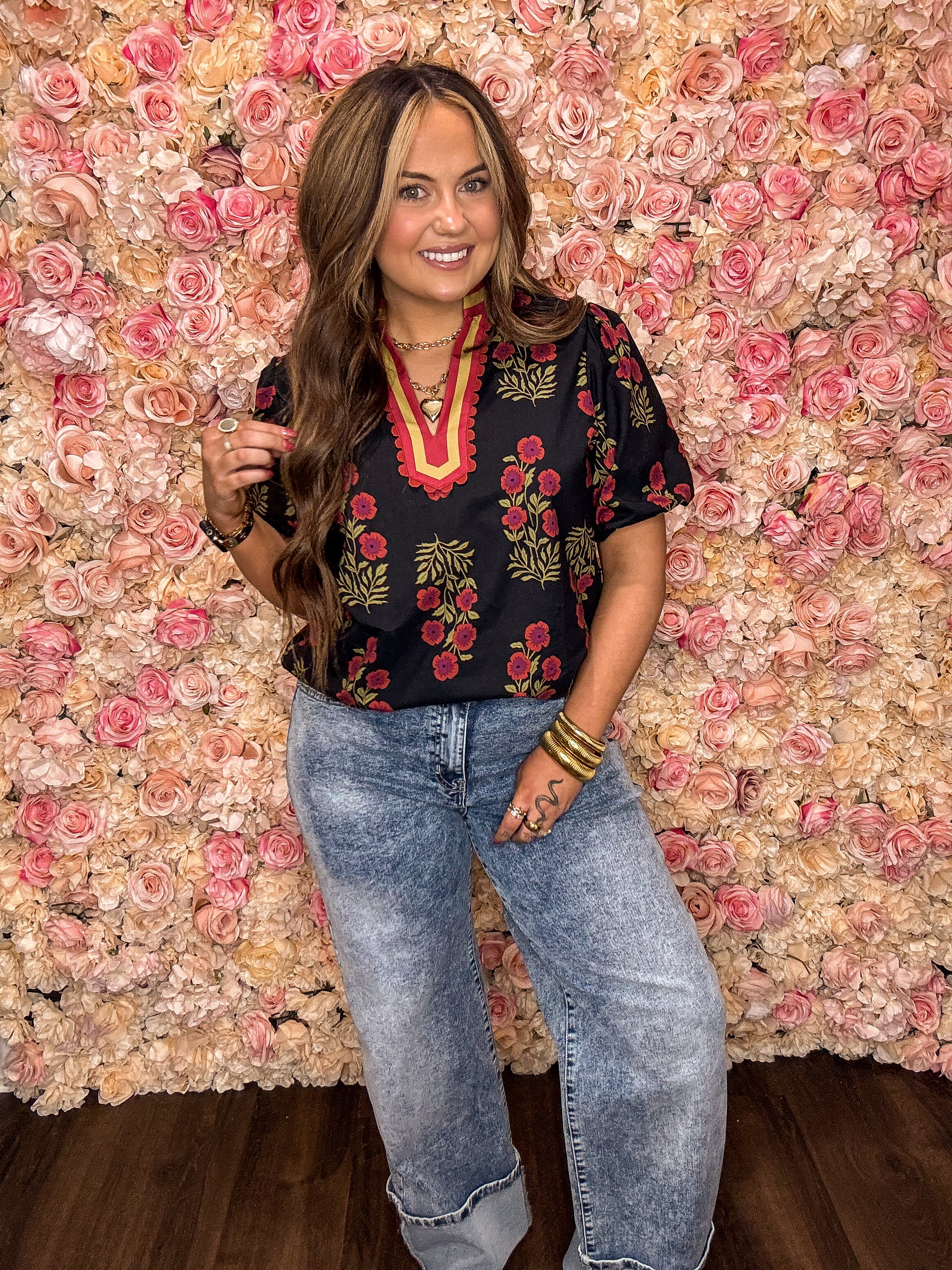 Black Floral Bubble Sleeve Blouse