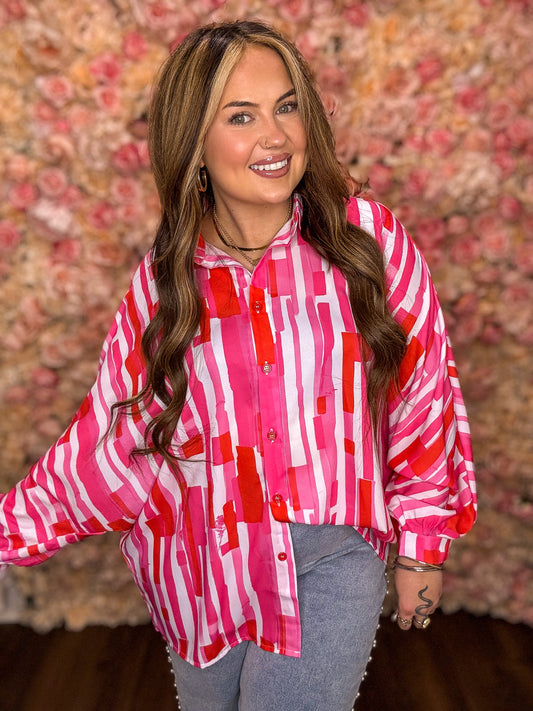 Pink Abstract Dolman Sleeve Button Up Blouse