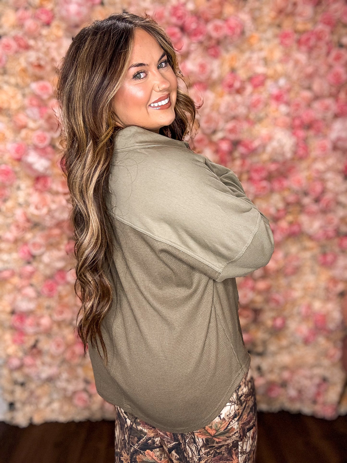 Olive Green Waffle Knit Oversized Shacket