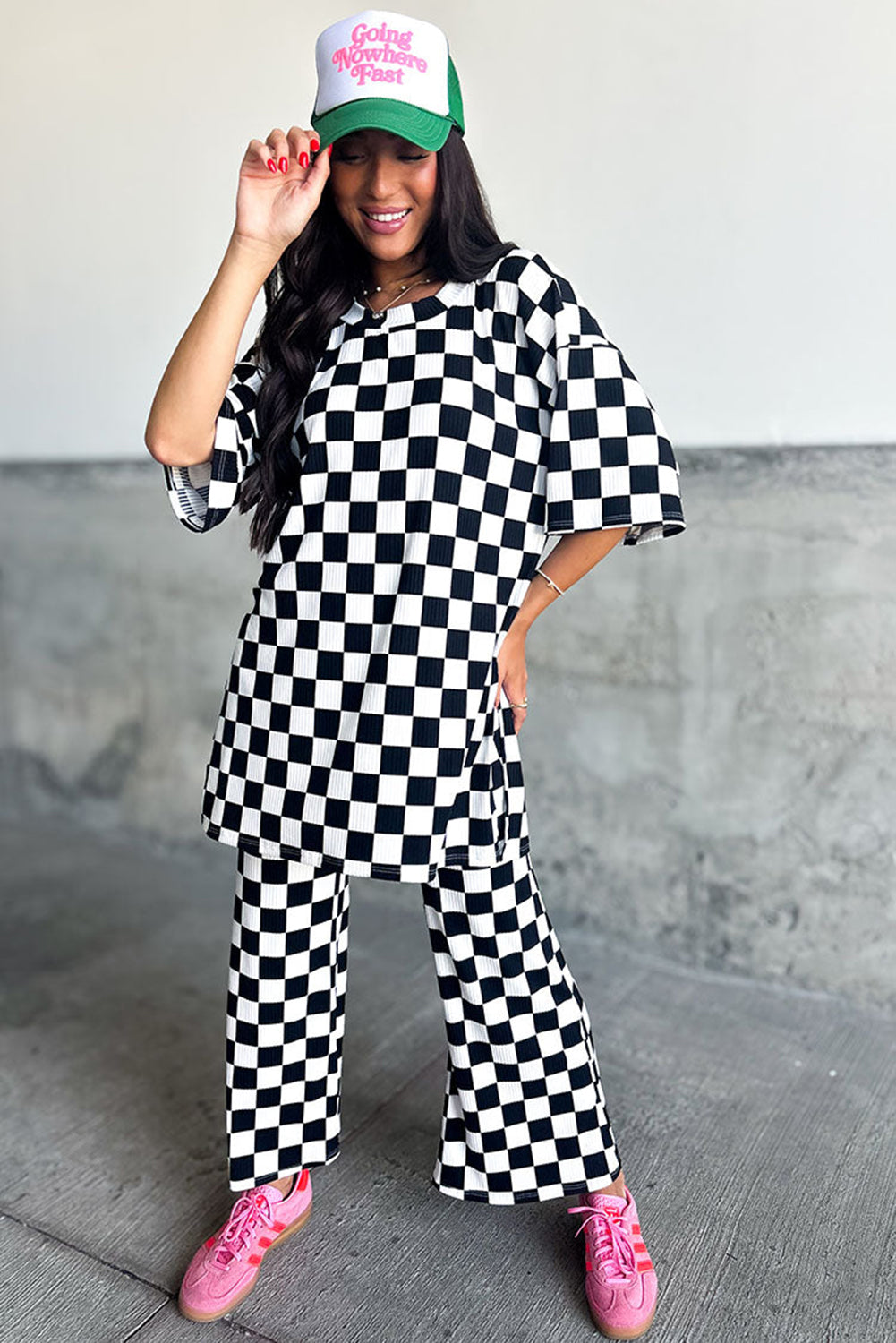 Black Checkered Print Pants Set