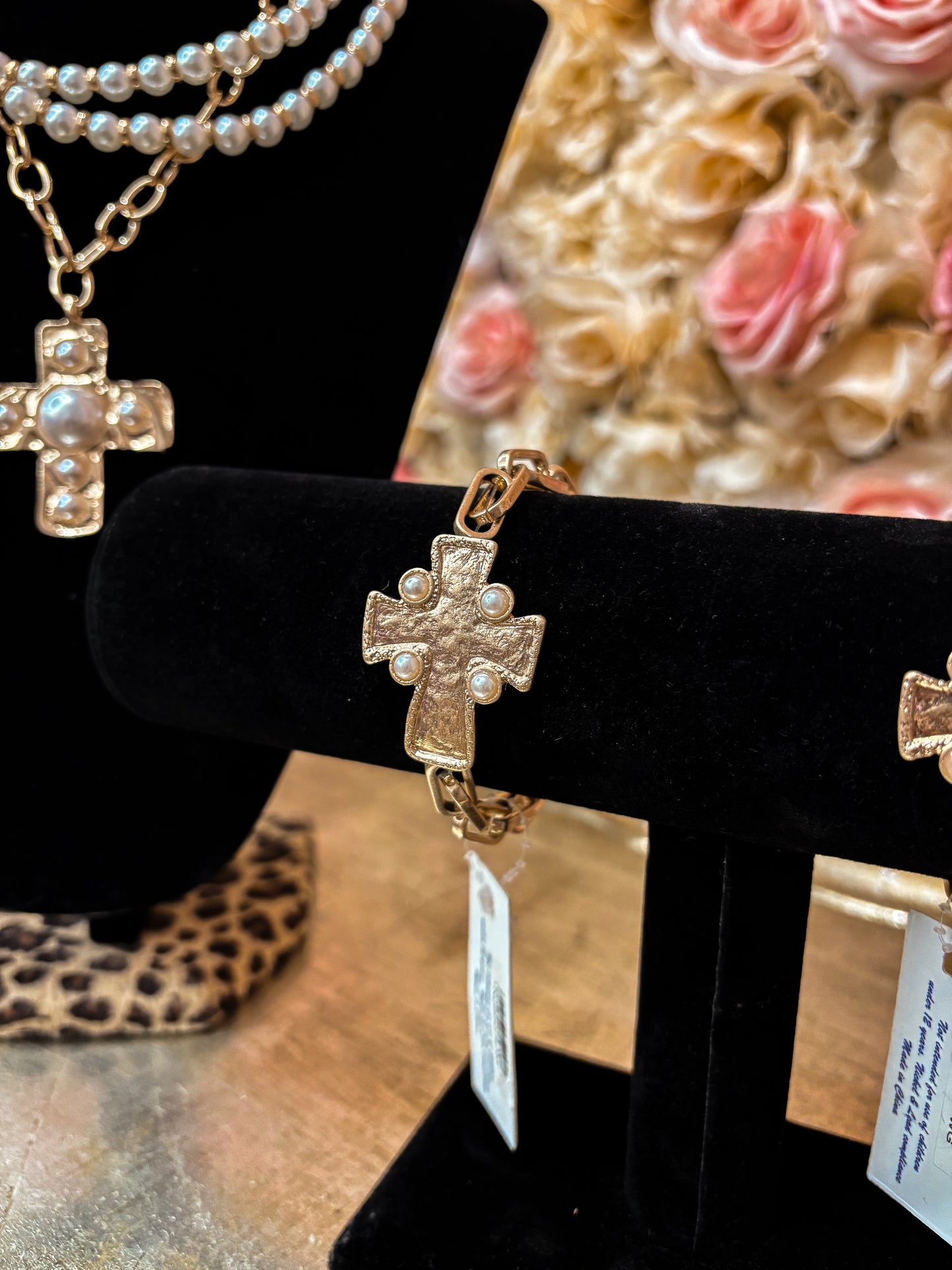 Pearl-Studded Gold Cross Link Bracelet