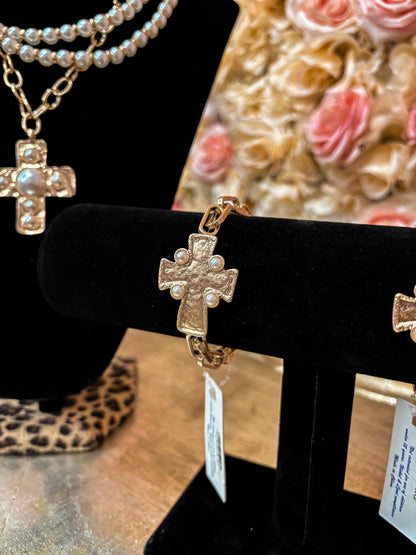 Pearl-Studded Gold Cross Link Bracelet