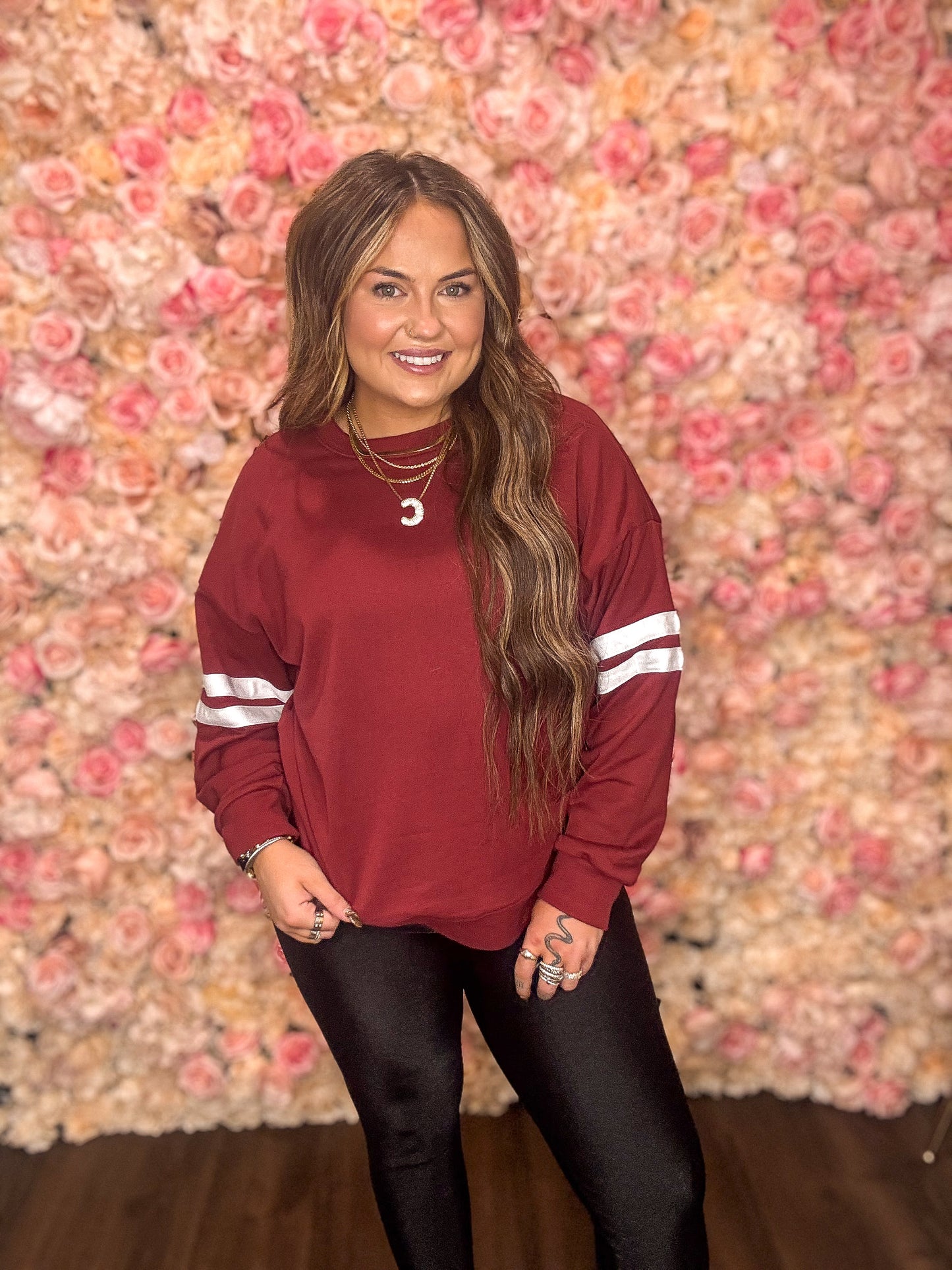 Maroon Varsity Striped Oversized Sweatshirt