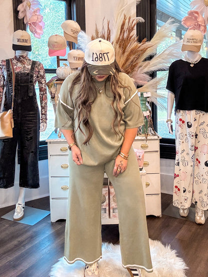 Olive Green Half Sleeve Top & Drawstring Pants Sweater Set