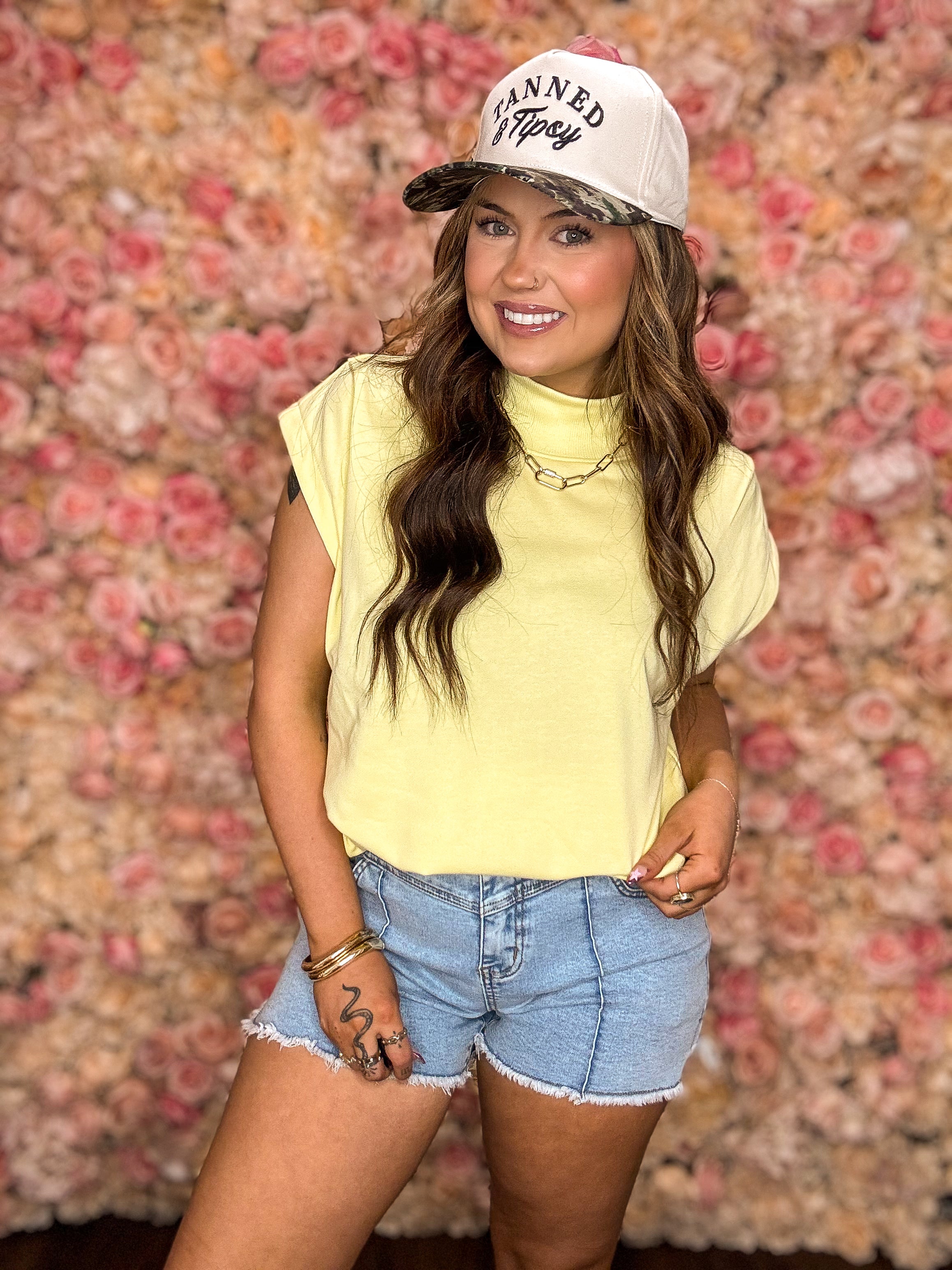 Yellow Mock Neck Cap Sleeve Top