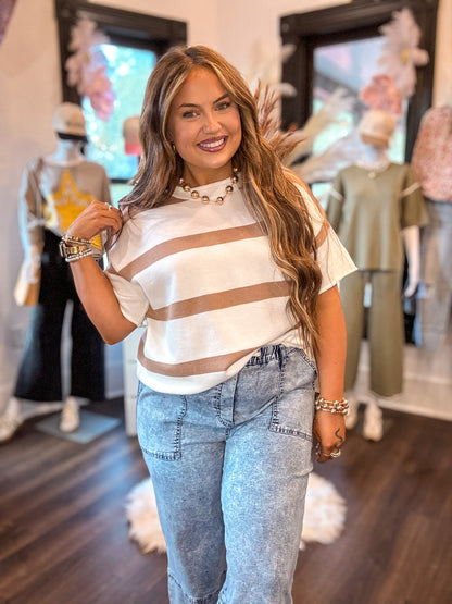 Khaki Striped Short Sleeve Knit Top