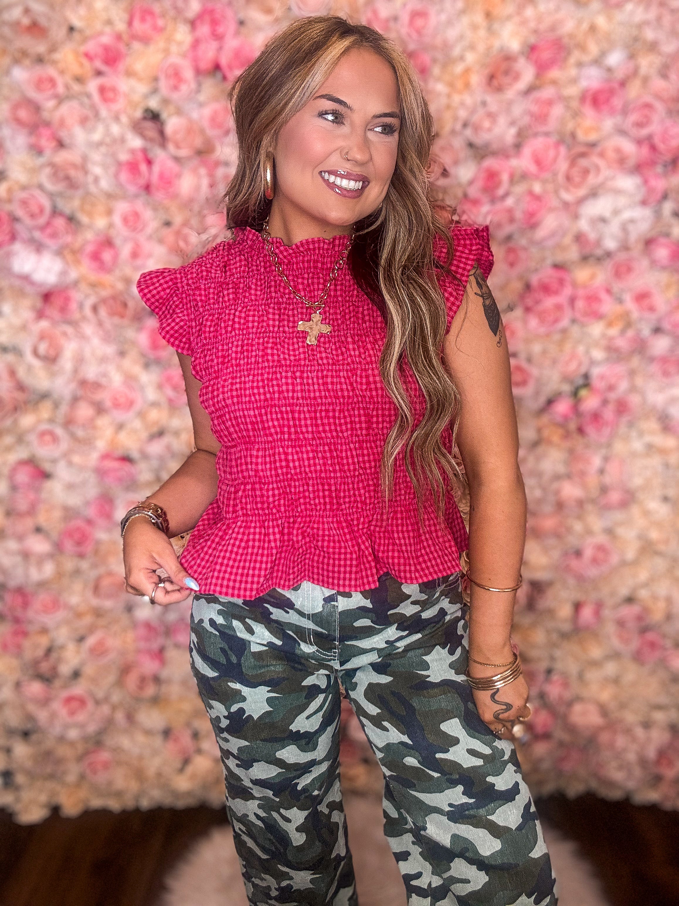 Berry Gingham Smocked Ruffle Top