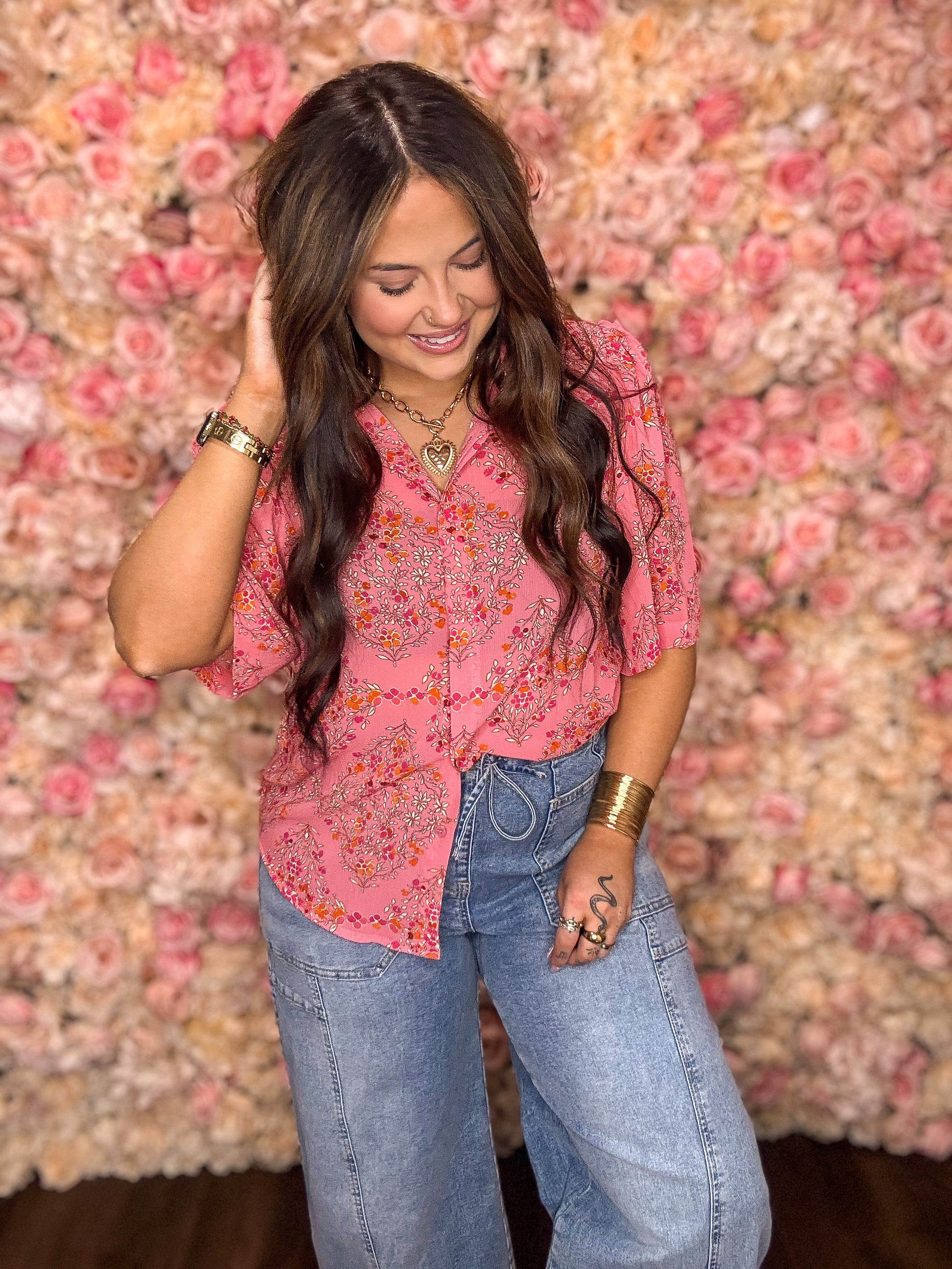Blush Pink Floral Puff Sleeve Blouse