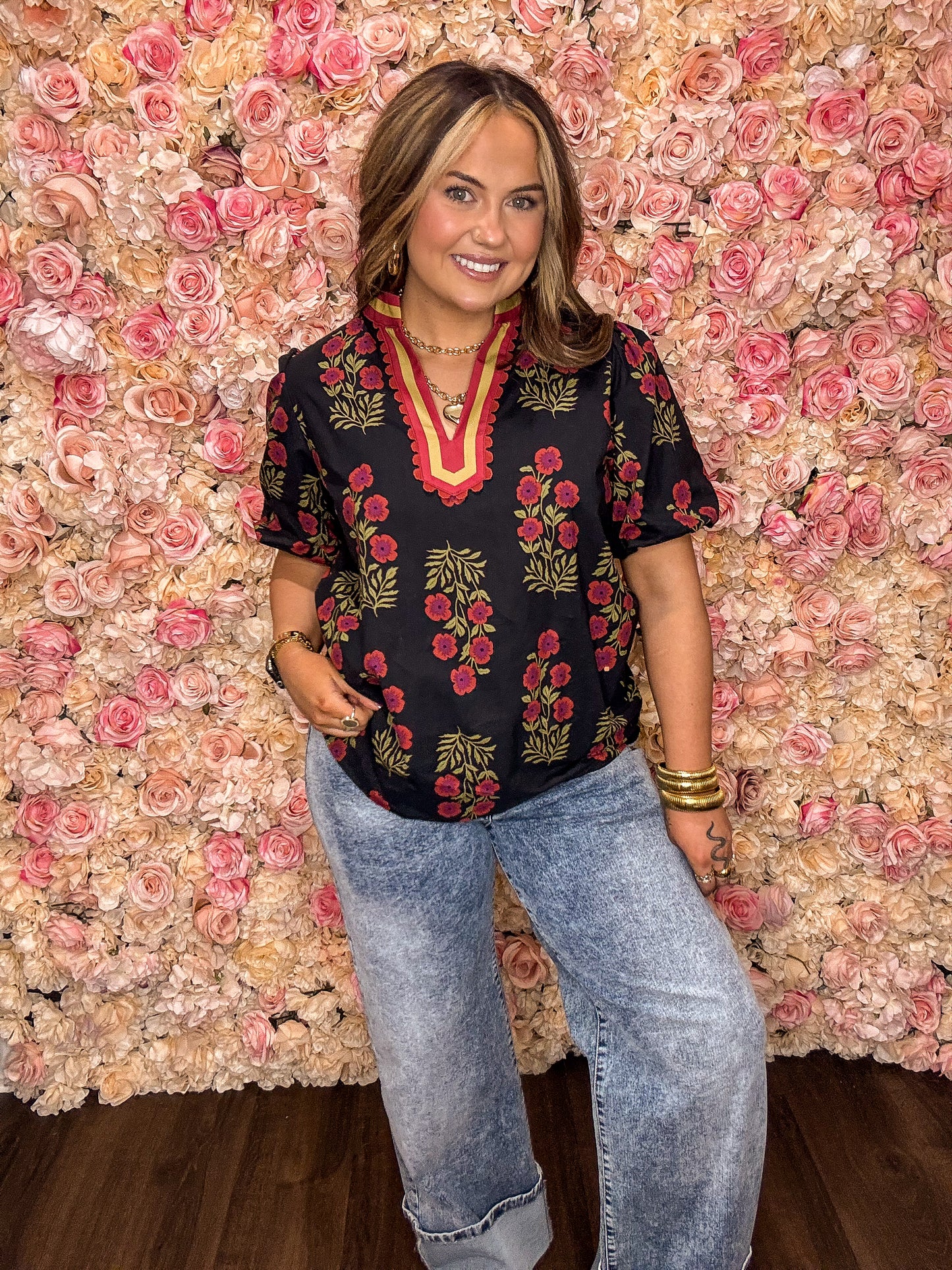 Black Floral Bubble Sleeve Blouse