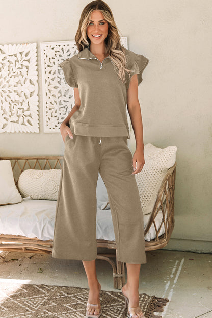 Khaki Flutter Sleeve Top with Wide Leg Pants Set