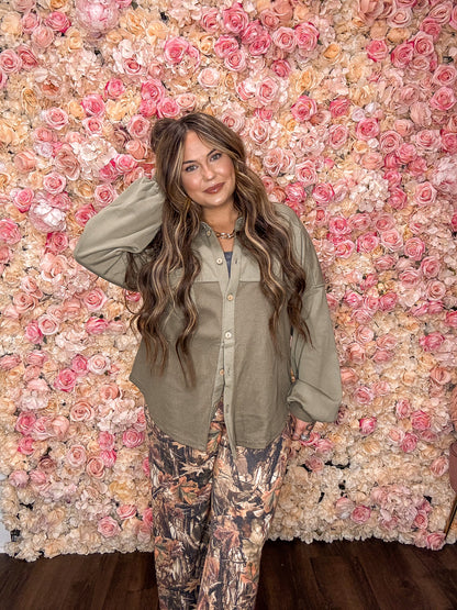 Olive Green Waffle Knit Oversized Shacket