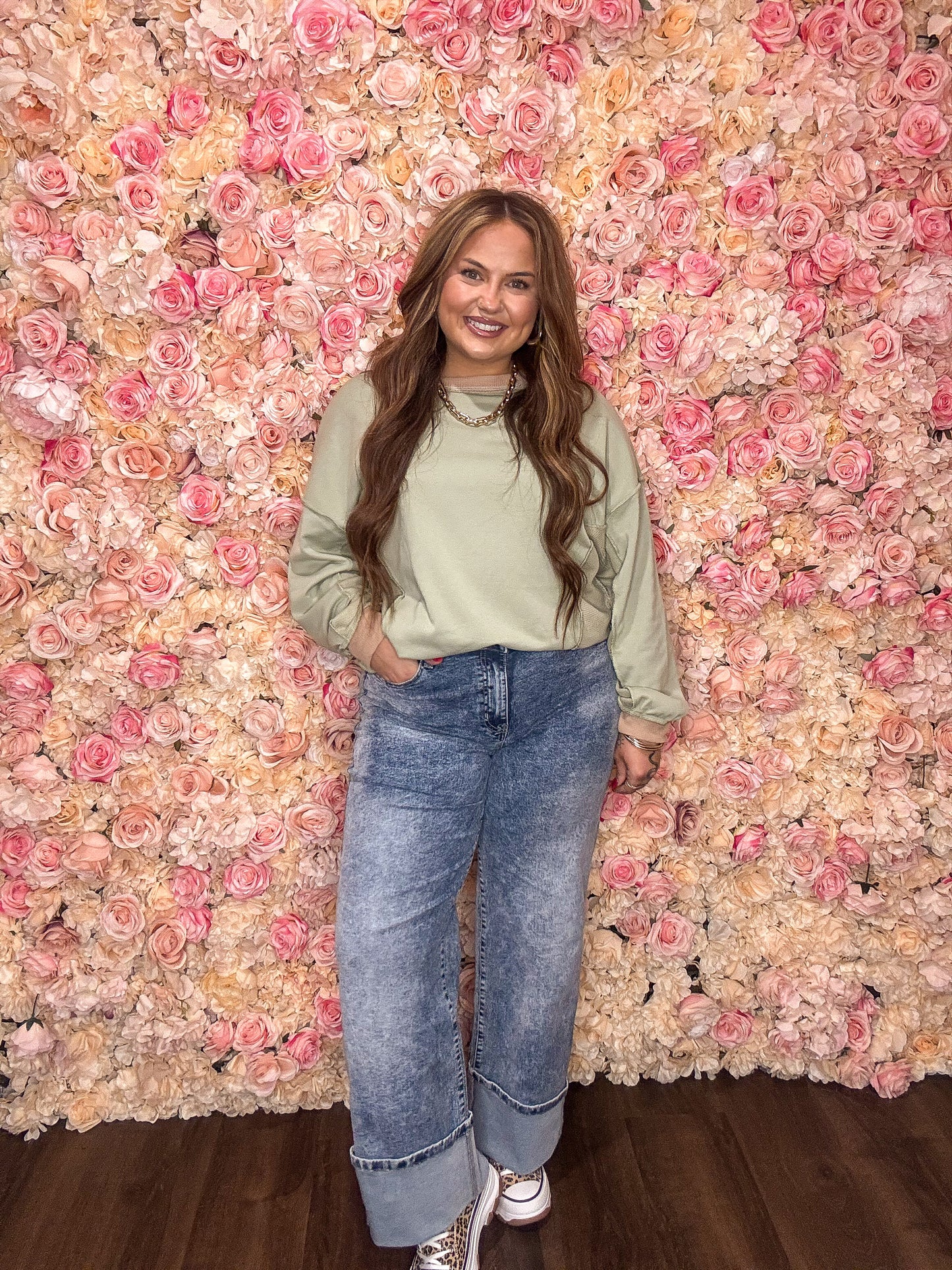 Sage Green Color Block Waffle Patchwork Oversized Sweatshirt