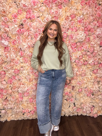 Sage Green Color Block Waffle Patchwork Oversized Sweatshirt