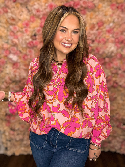 Pink Floral Print Dolman Sleeve Button up Blouse