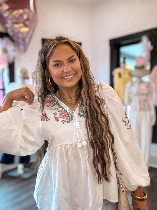 White Flower Lace-up V Neck Babydoll Blouse