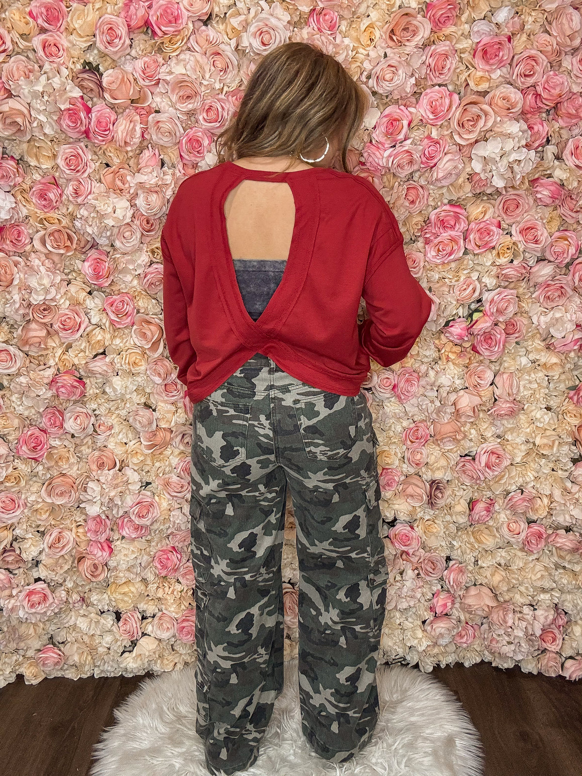 Maroon Twist Open Back Long Sleeve Top