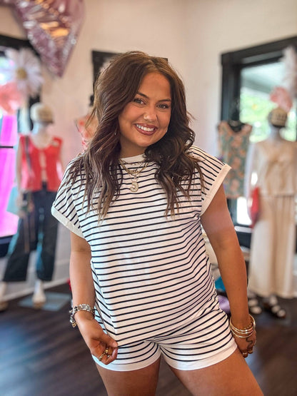 White Stripe Contrast Edge Tee and Shorts Set