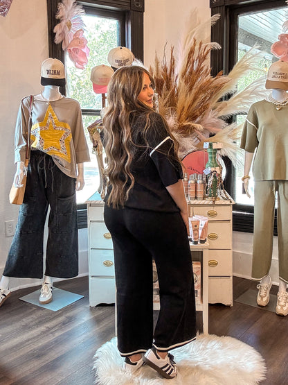 Black Half Sleeve Top & Drawstring Pants Sweater Set