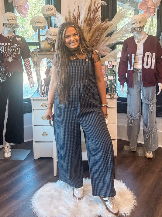 Sail Blue Plaid Print Buttoned Pocketed High Waist Overall