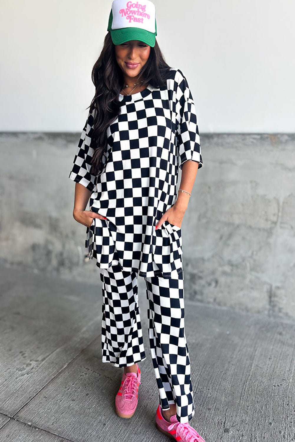 Black Checkered Print Pants Set