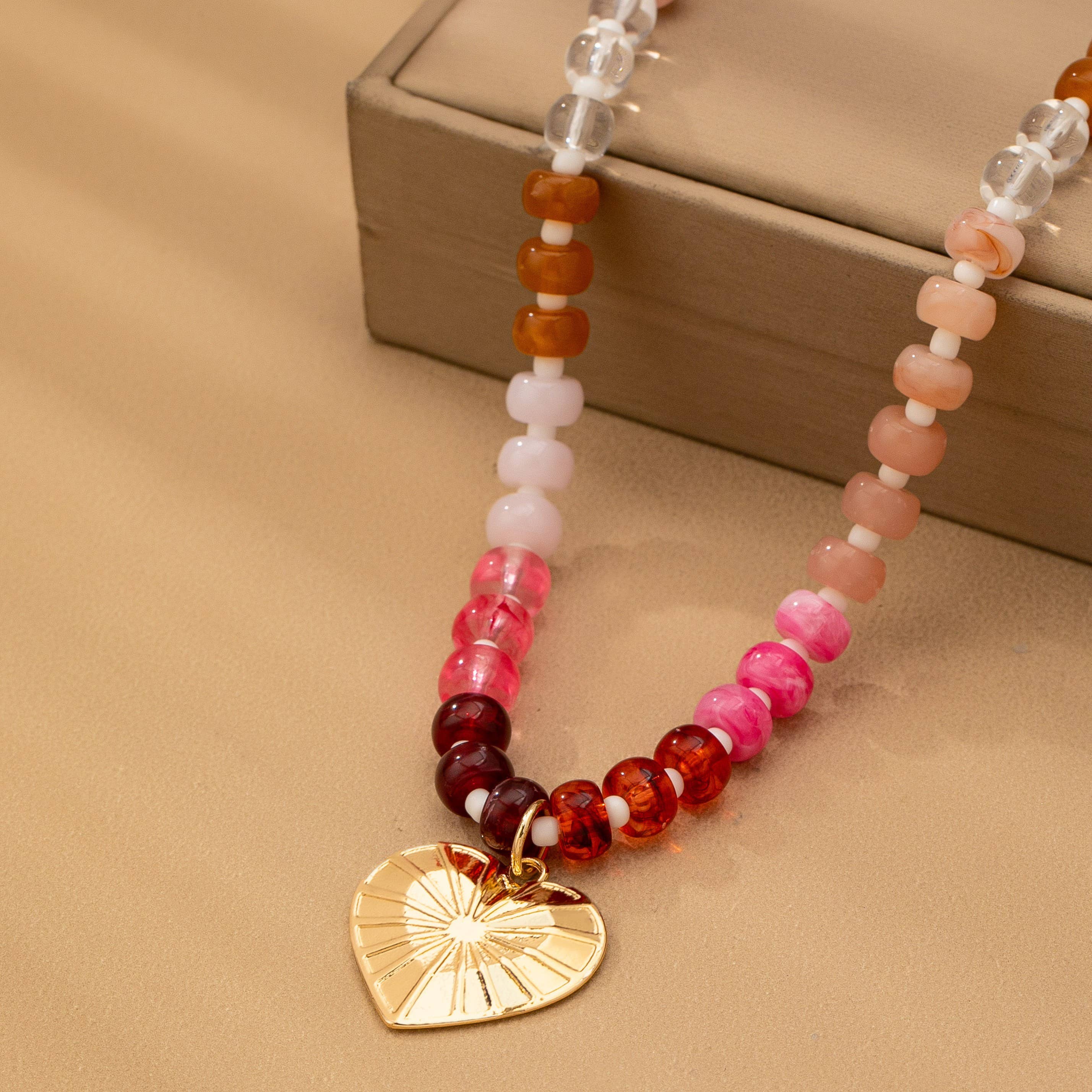 Multicolor Beaded Heart Charm Necklace