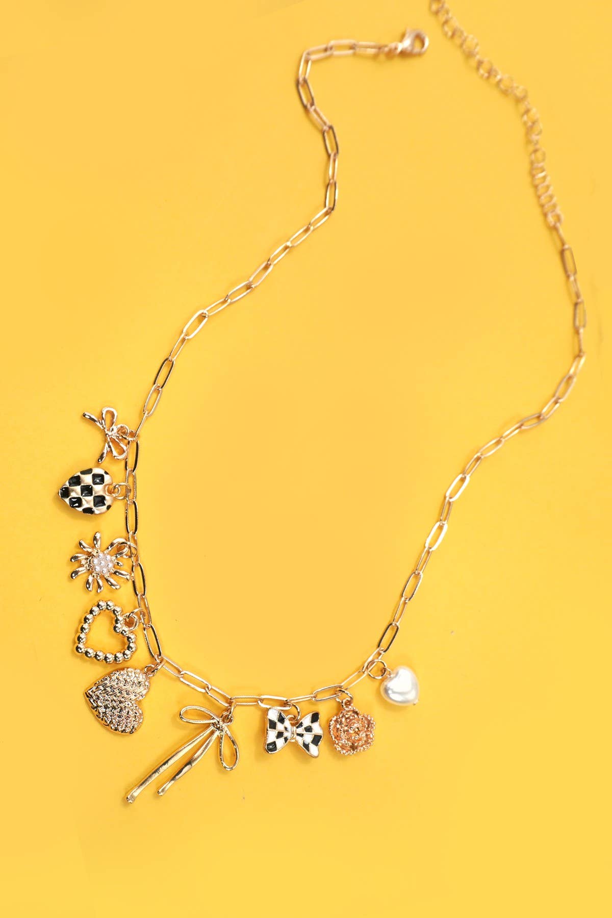 Charm Necklace-Bow Checker Heart Floral