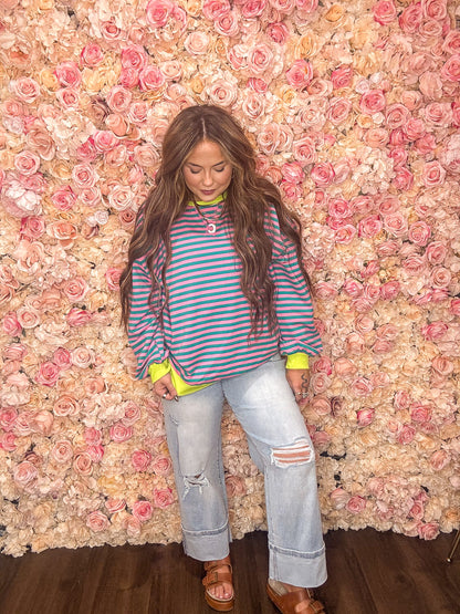 Teal Stripe Oversized Contrast Trim Sweatshirt