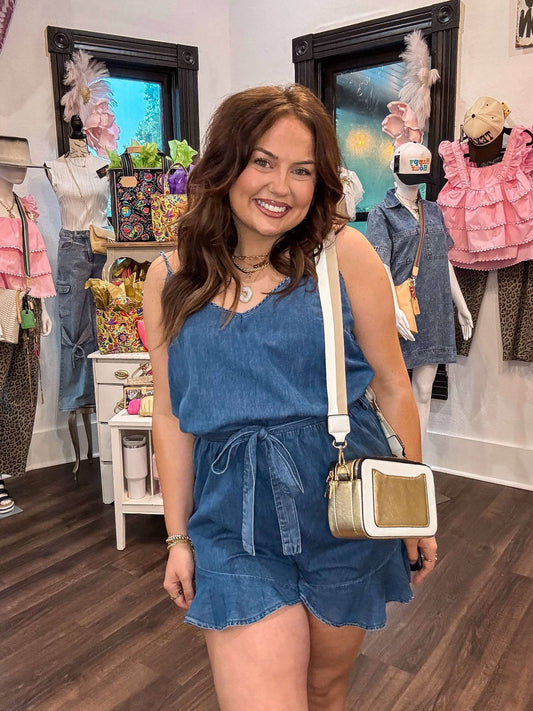 Ashleigh Blue Spaghetti Strap Chambray Romper