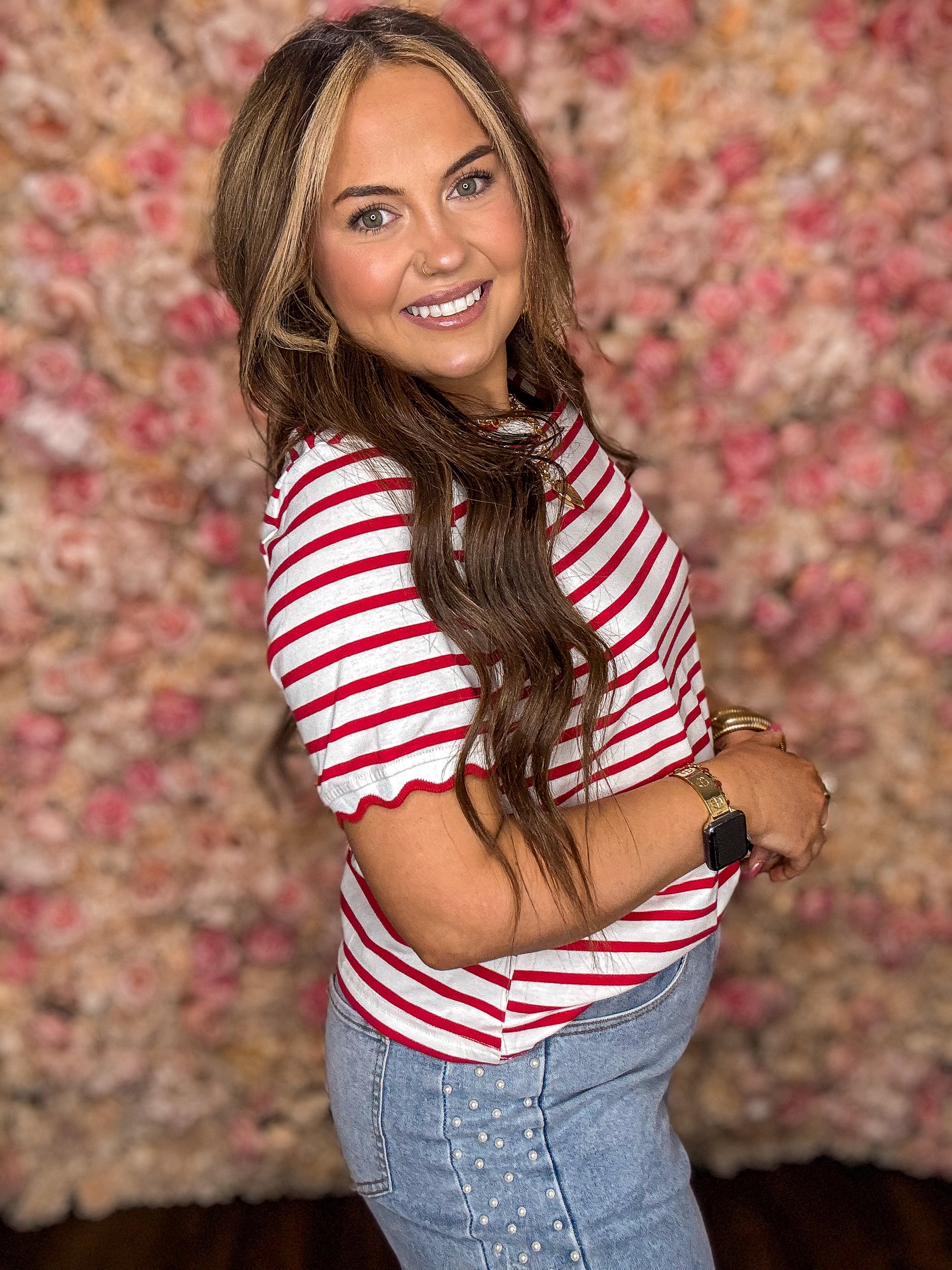 Red Stripe Scalloped Trim Tee