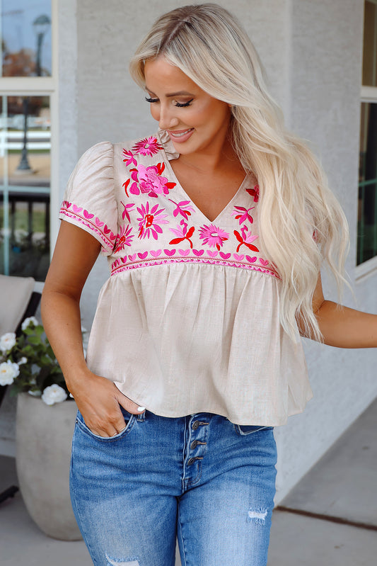 Beige Floral Embroidered Notched V Neck Blouse