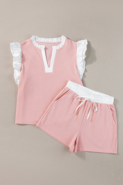 Light Pink Ruffled Top and Drawstring Shorts Set