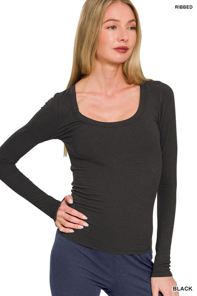 Ribbed Boat Neck Long Sleeve Tee
