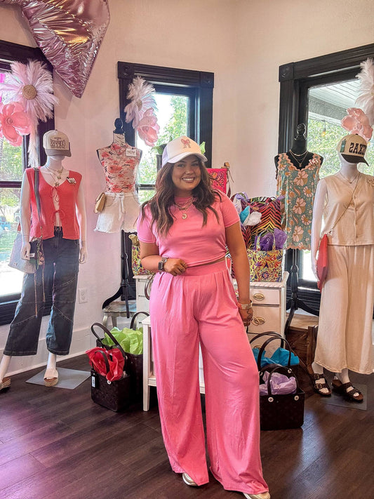 Strawberry Pink Slim Fit Crop Top and Pleated Wide Leg Pants Set