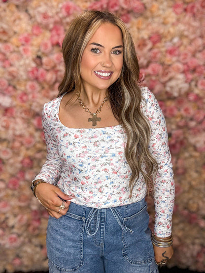 Ivory Textured Floral Long Sleeve Top