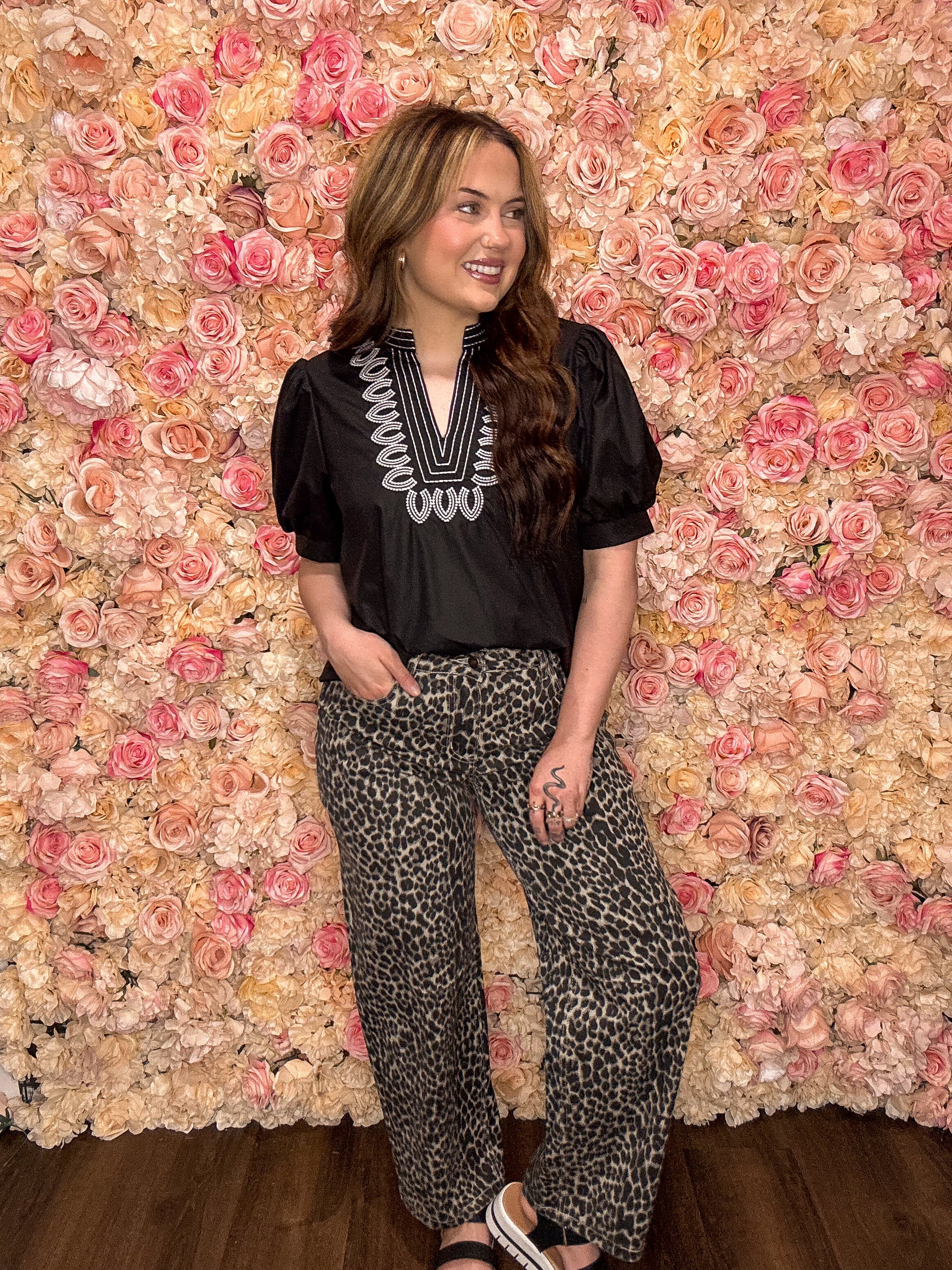 Black Puff Sleeve Embroidered Blouse