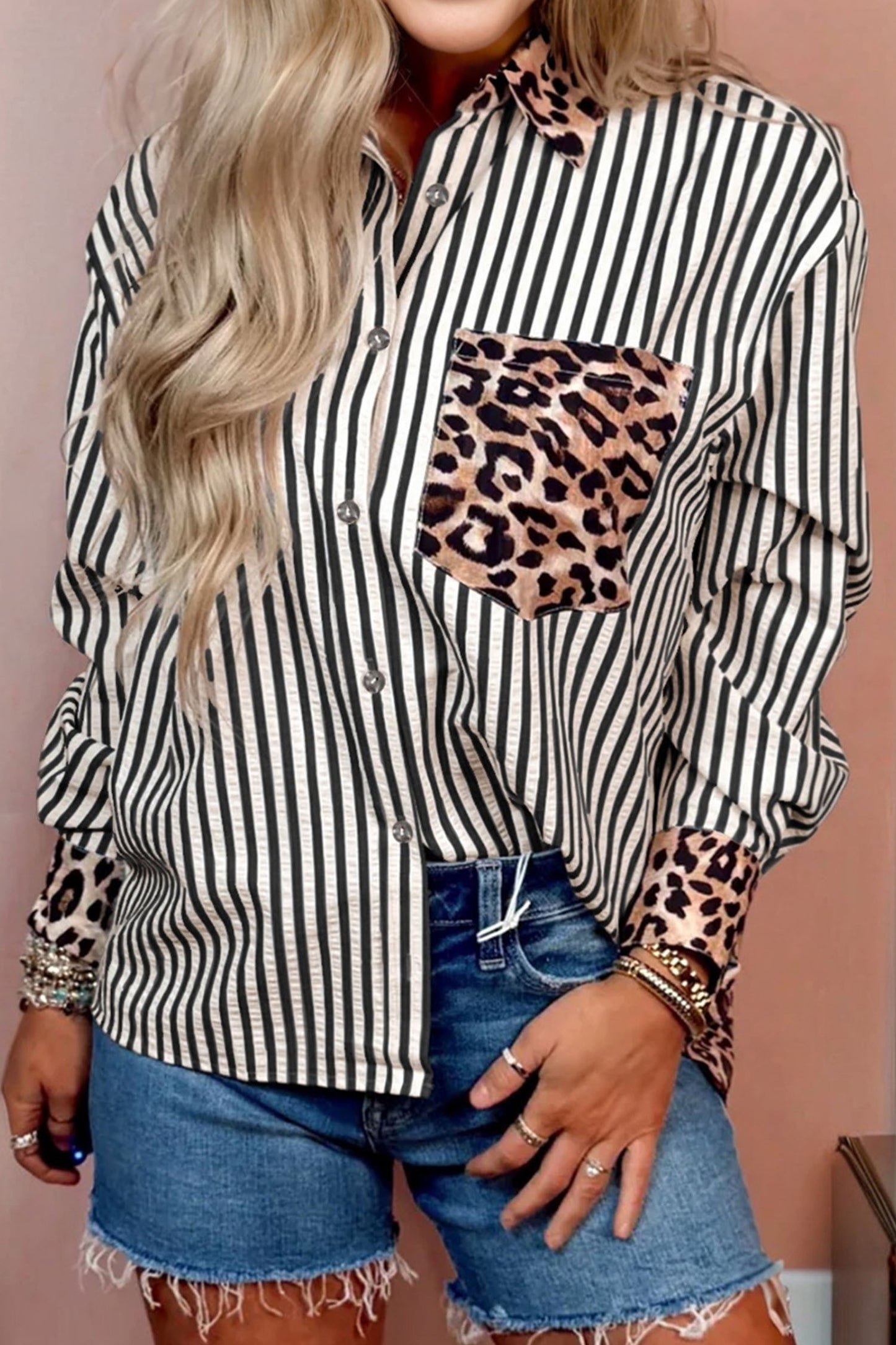 Striped + Leopard Patchwork Button Up Shirt