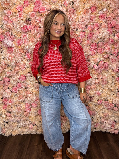 Red Stripe Draped Sleeve Sweater Top