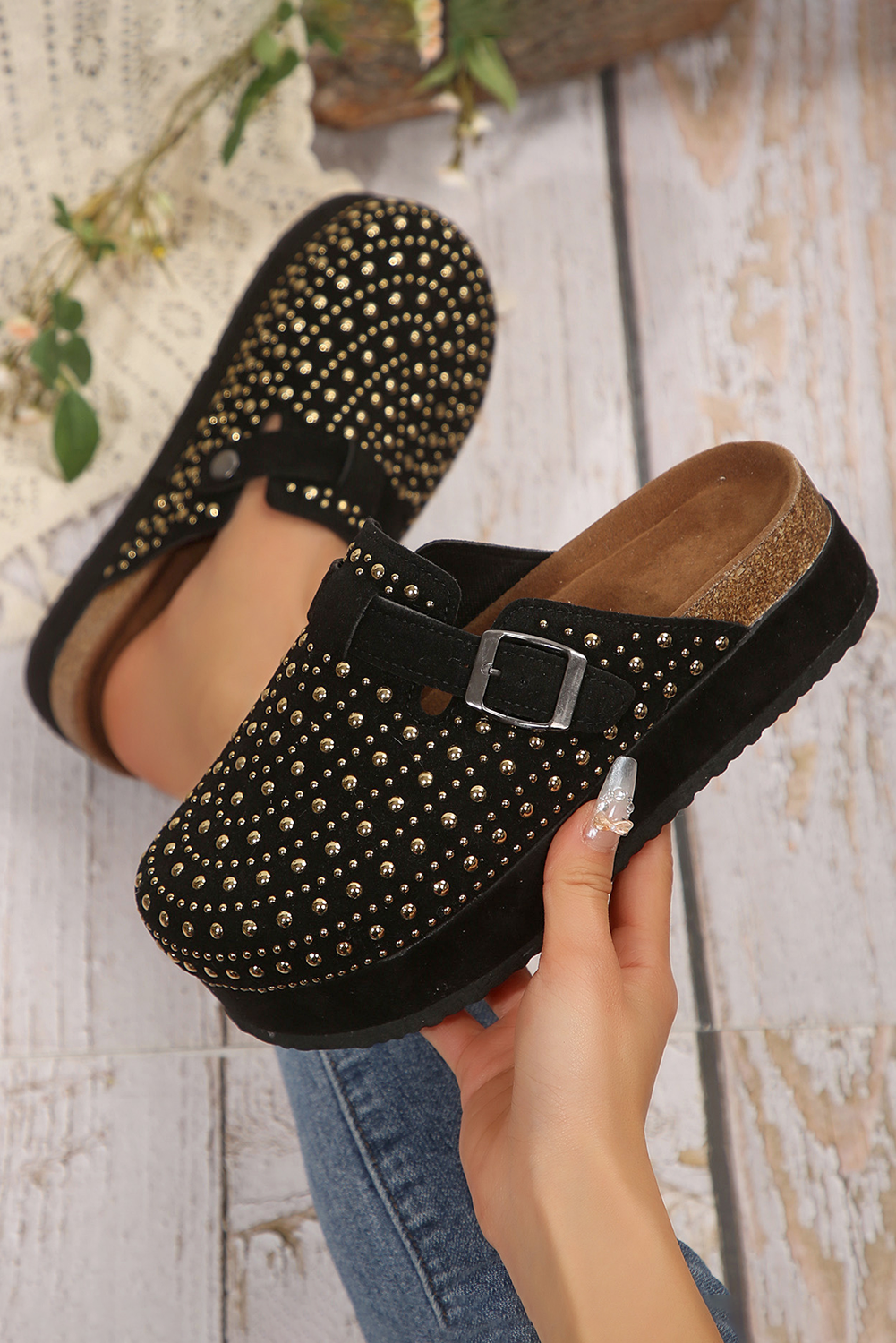 Black Gold Studded Platform Clogs