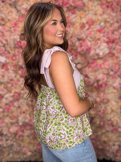 Pink Stripe & Floral Babydoll Tank