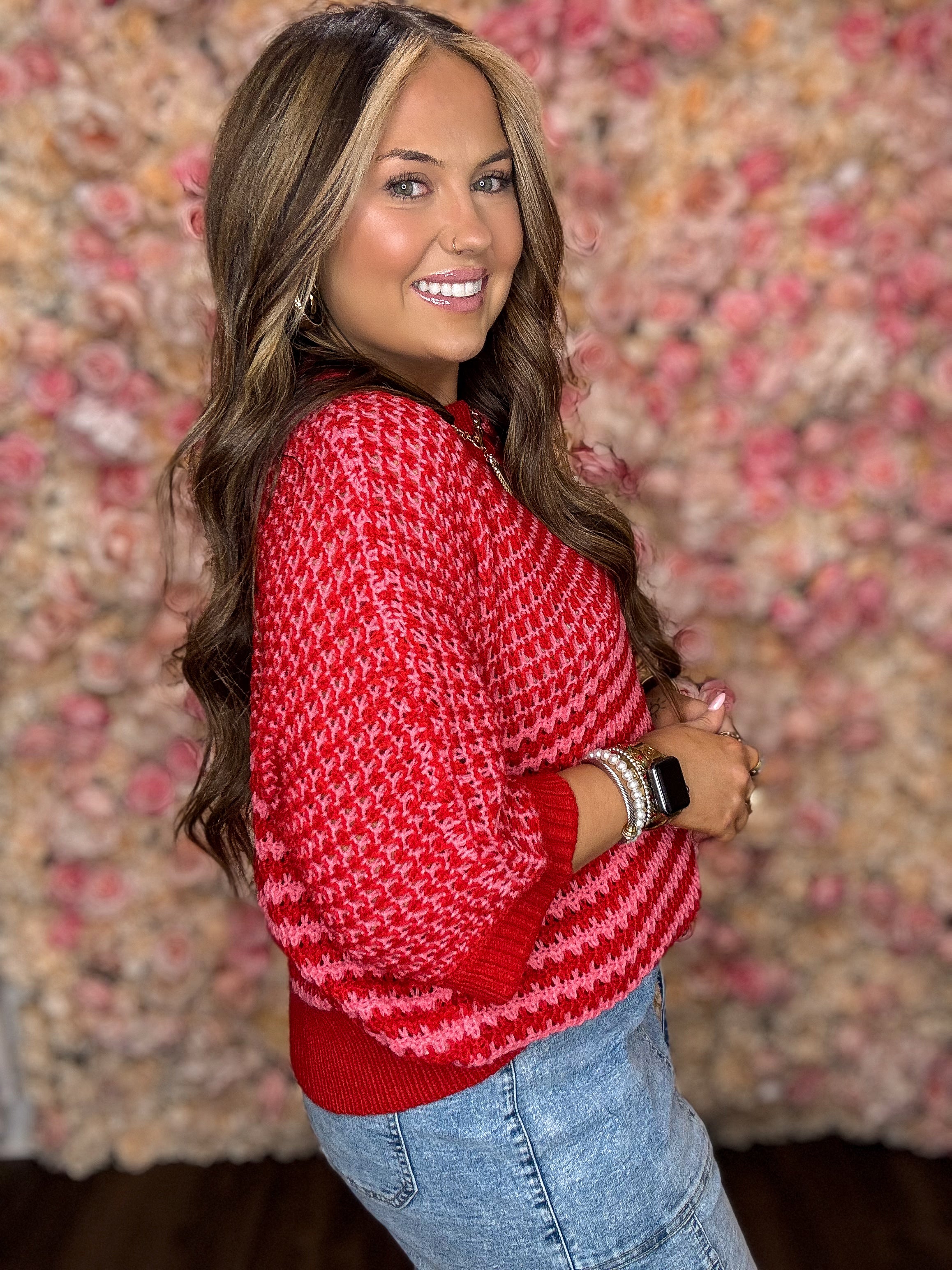 Red Stripe Draped Sleeve Sweater Top