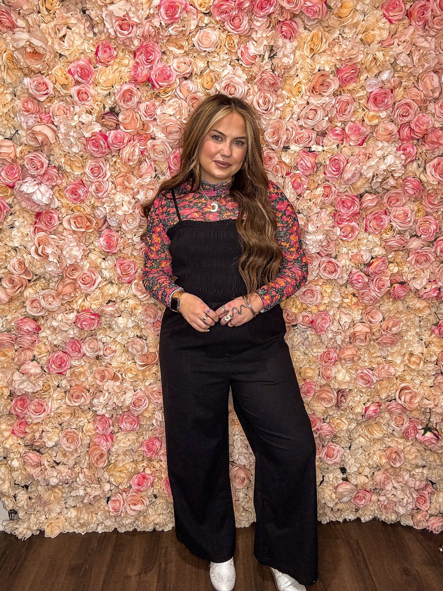 Rose Floral Mesh Long Sleeve Mock Neck Top