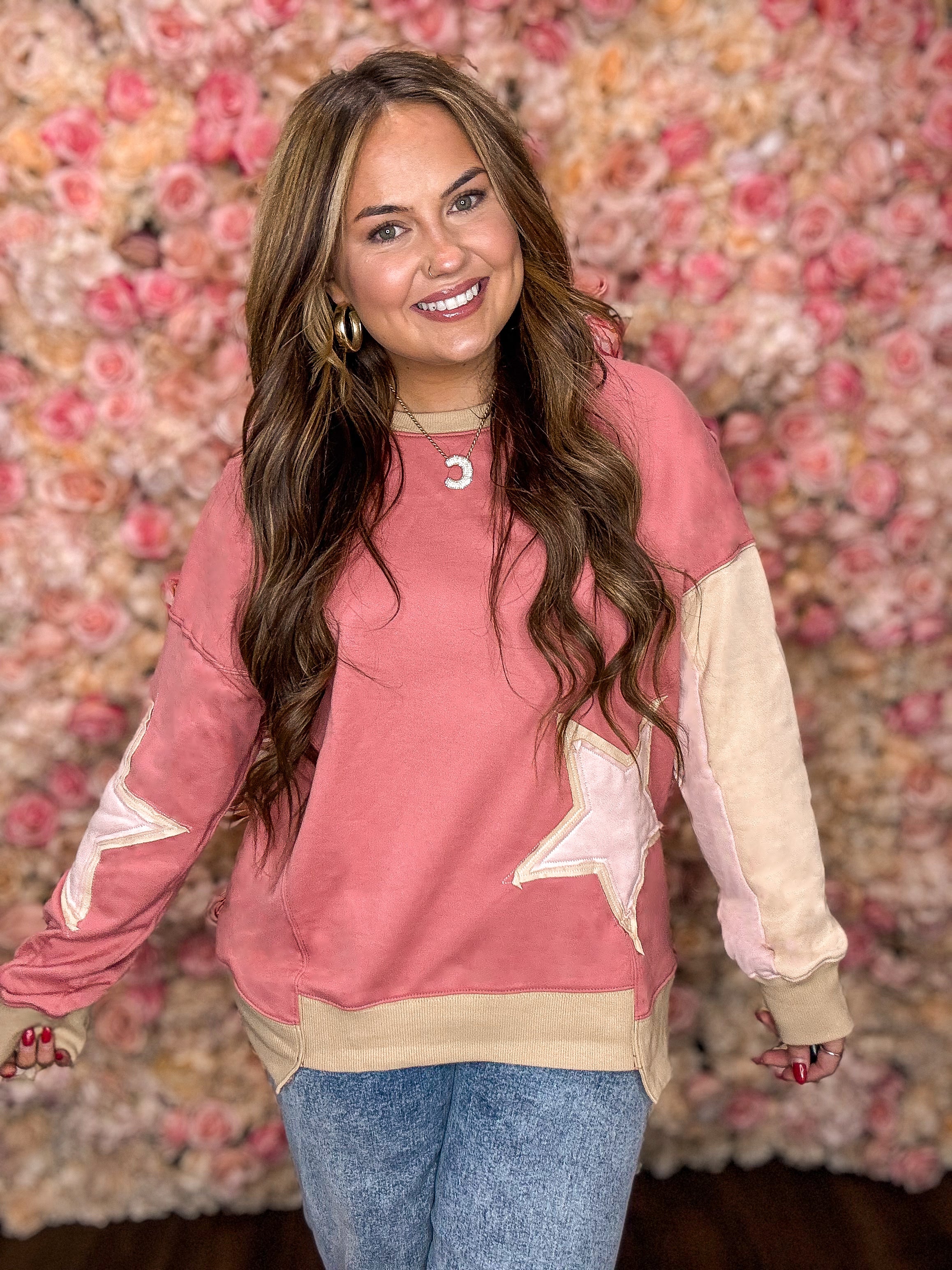 Rose Pink Star Patchwork Sweatshirt